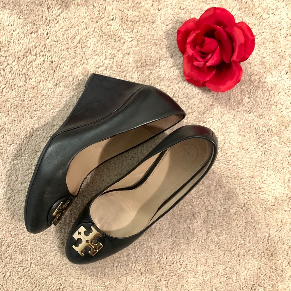 Tory Burch Black Luna 85mm Leather Wedges Sz US7.5